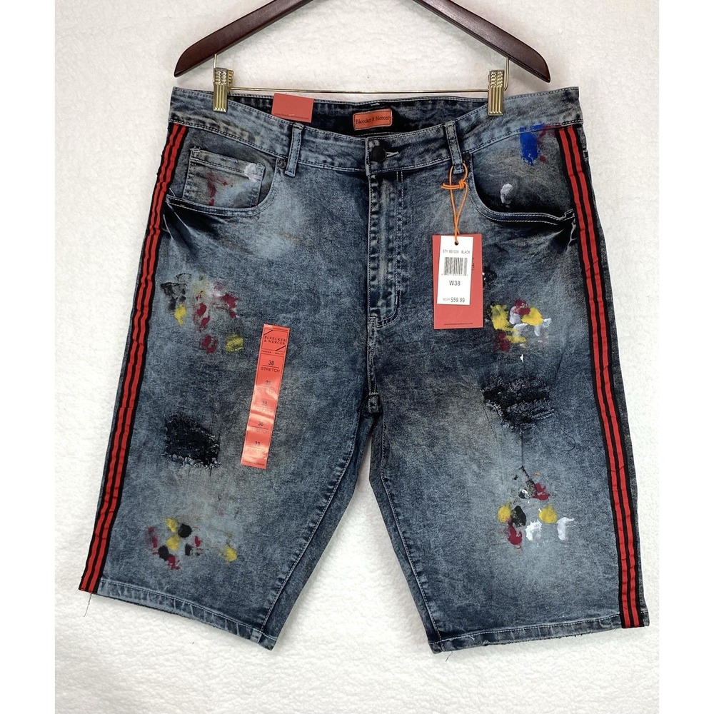 NWT Bleecker & Mercer Mens 38W Black Shorts‎ Distressed Painted Acid Washed